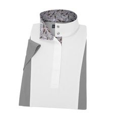 a white and gray shirt with grey trims on the collar is shown in front of a