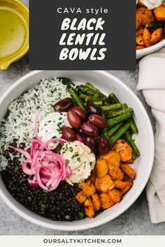 a bowl filled with black lentils, carrots and other vegetables