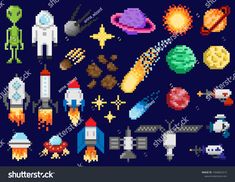 pixel art space set with rockets, stars and planets on dark blue background stock photo