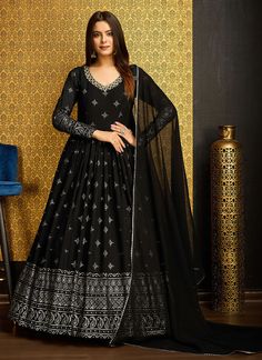 Anarkali Gown With Dupatta, Pakistani Lehenga, Black Anarkali, Exclusive Gowns, Georgette Material, Traditional Gowns, Gown With Dupatta, Gown Party Wear, Party Wear Gown