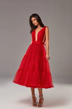 Red Tender midi plunging neckline cut out dress ➤➤ Milla Dresses - USA, Worldwide delivery Milla Dresses, Tulle Midi Dress, Fantasy Wardrobe, Backless Prom Dresses, Cut Out Dress, Pleated Bodice, Gowns Online, Red Midi Dress, Out Dress