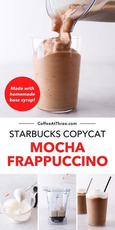 starbucks mocha frappuccino is being poured into a blender and then topped with whipped cream