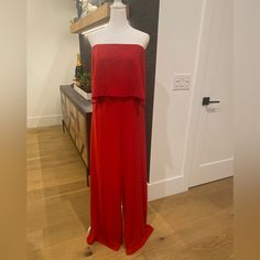 Do+Be Collection Red Strapless Jumpsuit With Wide Legs And Overlay Detail On Bodice. Size L Red Strapless Jumpsuit For Summer Nights, Red Fitted Strapless Jumpsuit For Party, Red Strapless Jumpsuit, Elegant Red Overall Jumpsuit/romper, Strapless Jumpsuit, Bodice, Pant Jumpsuit, Wide Leg, Jumpsuit Romper