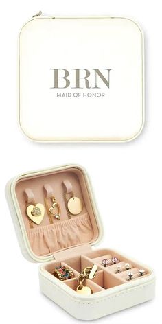 an open jewelry box with several different types of earrings in it and the words brn maid of honor written below