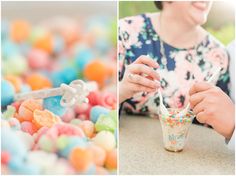 two pictures one with candy and the other with marshmallows