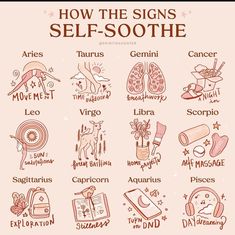 the zodiac signs for self - soothe are drawn in brown ink on a pink background