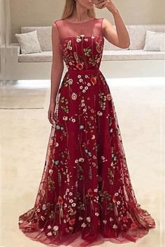 Elegant Burgundy Long A-line Sleeveless Prom with Flowers New Party Dress - Prom Dresses Sleeveless Prom Dress, New Party Dress, Prom Dresses Sleeveless, Long Prom Dresses, Burgundy Floral, Tulle Prom Dress, Professional Dresses, Long Prom Dress, Look Chic