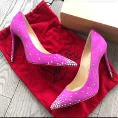 Christian Louboutin Degrastrass 100mm Suede Crystal Pumps Color: Indian Rose Original Box And Dust Bags Included Pink Rhinestone Pointed Toe Heels, Pink Rhinestone Heels For Cocktail, Indian Rose, Crystal Pumps, Barbie World, Louboutin Shoes, Christian Louboutin Shoes, Shoes Women Heels, Christian Louboutin