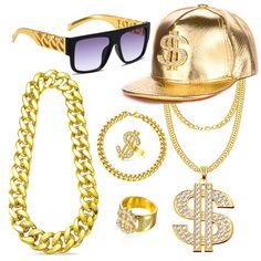 PRICES MAY VARY. 😎【HIP HOP COSTUME】: This hip hop accessories includes 1 pcs rapper sunglasses, 1 pcs big chunky gold necklace and 1 pcs rope chain bracelet, 1 pcs golden dollar sign hat, 1 pcs big dollar pendant necklace and 2pcs dollar sign rings in different styles. Funny rapper costume set for your 80s/ 90s dress up, you'll be eye-catching one in 80s/ 90s theme parties 😊【Golden Dollar Sign Necklace/ Ring/ Hat】: Cool shiny golden hat in the costumes outfit set have a dollar symbol on them, 90s Hip Hop Costume, Rapper Sunglasses, 90s Dress Up, Rapper Costume, Dollar Symbol, Hip Hop Accessories, Hip Hop Costumes, Chunky Gold Necklaces, 90s Theme