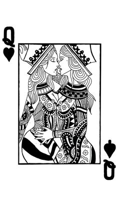 the queen of spades playing card in black and white, with hearts on each side