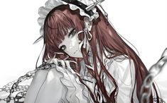 a woman with long red hair wearing a white dress and holding a knife in her hand