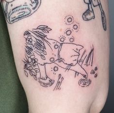 a woman's leg with tattoos on it and an image of a cat in the background