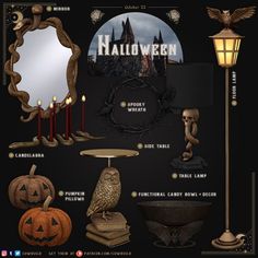 an image of halloween decorations with candles and mirrors