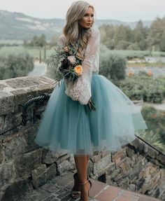 Two Pieces Beach Mini Short Wedding Dresses Blue Colorful Lace Bodice Bridal Gowns Tutu En Tulle, Long Sleeve Homecoming Dress, Long Sleeve Homecoming Dresses, Blue Lace Top, Skirt Tulle, Tulle Homecoming Dress, 파티 드레스, Homecoming Dresses Long, Two Piece Homecoming Dress