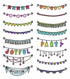 a set of hand drawn buntings and garlands with the words happy birthday on them