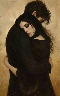 a painting of two people hugging each other in front of a beige background with black hair