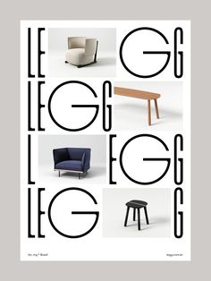 an advertisement with different types of furniture in black, white and grey colors on a gray background