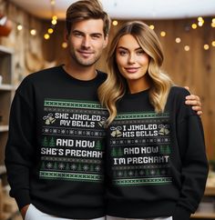 "Congratulations on your exciting news! The holiday season is the perfect time to share the joy of your pregnancy with your loved ones. The \"Jingled His Bells and Now I'm Pregnant\" and \"She Jingled My Bells and Now She's Pregnant\" shirts are a fun and creative way to announce your pregnancy to the world. These funny ugly sweater shirts are perfect for a Christmas pregnancy announcement and will surely put a smile on everyone's face. They also make great couples matching pajamas for your holiday celebrations. The shirts are made from high-quality materials and are available in a variety of sizes to fit all body types. Remember to enjoy this special time and cherish the memories you create with your loved ones. Congratulations again and best wishes for a happy and healthy pregnancy!" Couples Matching Pajamas, Pregnant Shirts, Funny Baby Announcement, Baby Announcement Christmas, Christmas Baby Announcement, Christmas Pregnancy Announcement, Christmas Pregnancy, I'm Pregnant, Funny Couples