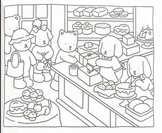 a black and white line drawing of people in a kitchen with food on the counter