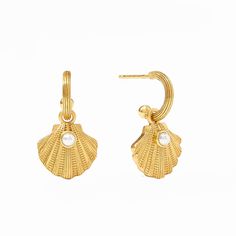 Sanibel Shell Hoop and Charm Earring-Julie Vos-Swag Designer Jewelry Gold Huggie Earrings With Pearl Charm, Gold Plated Hoop Earrings With Pearl Pendant, Gold Small Hoop Earrings With Pearl Pendant, Sanibel Shells, Julie Vos, Charm Earrings, Gold Vermeil, Embellishments, Shells