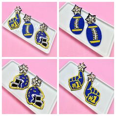 Elevate your game day style with our Royal Blue and Yellow Beaded Game Day Earrings, available in three fabulous styles: football, helmet, and foam finger! Whether you're a proud football mom, a spirited cheer mom, or simply a die-hard fan, these earrings are the perfect accessory to show your team spirit in style. Crafted with meticulous attention to detail, each earring features vibrant royal blue and blue beads arranged in the shape of a football, helmet, or foam finger, adding a playful touch to your game day ensemble. These earrings are not only stylish but also lightweight and comfortable to wear, allowing you to cheer on your team with ease. Perfect for wearing to the game, pep rallies, or watch parties, these earrings are sure to be a hit with fellow fans. Their versatile design ma Foam Finger, Mom Earrings, Game Day Football, Football Earrings, Color Earrings, Football Helmet, Watch Party, Cheer Mom, Gameday Outfit