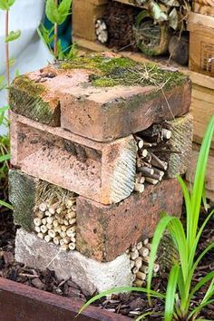 a pile of bricks sitting in the middle of some grass and dirt next to a planter