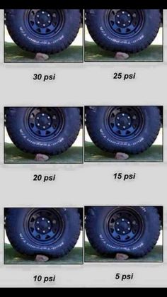 the wheels and rims of an suv are shown in four different pictures, each with blue spokes