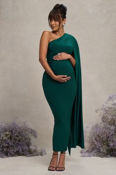 Amaryllis Bottle Green Maternity One Shoulder Maxi Dress with Cape Sleeve – Club L London - USA Maternity Dresses Photography, Baby Gender Reveal Party Decorations, Formal Maternity Dress, Dress With Cape, Green Bodycon Dress, Maternity Wardrobe, One Shoulder Maxi Dress, Pregnancy Looks, Pregnancy Wardrobe