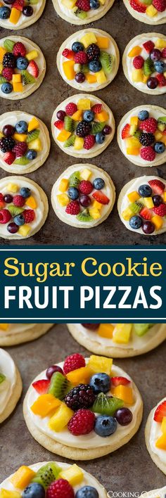 fresh fruit pizzas are ready to be baked in the oven and served on top of each other