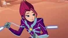 a cartoon character with purple hair holding two lightsabes in front of a desert background