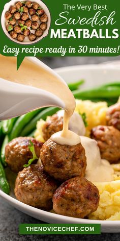 meatballs being drizzled on top of mashed potatoes and green beans