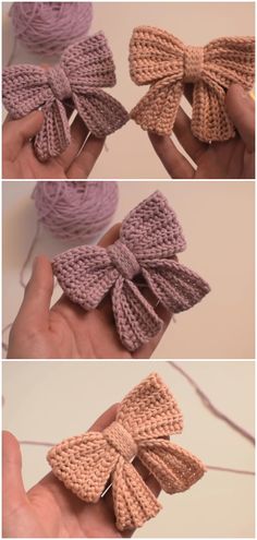 crocheted bows are shown in three different pictures, one is brown and the other is pink