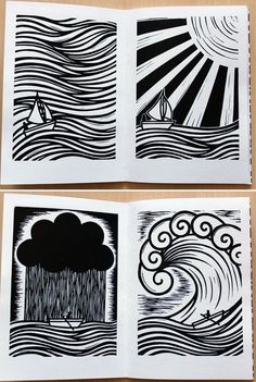 three different drawings on paper with black and white ink, each depicting an image of a boat in the ocean