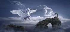 a white horse is flying over the clouds and rocks in front of an arch with a clock on it