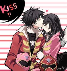 two people kissing each other in front of a pink and white striped background with the words kiss on it