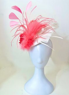 Coral Pink Kentucky Derby Hat, Coral Pink Derby Fascinator Hat Headband, Bright Coral Flower with Pink and Coral Marabou. with 3 ply Coral Ostrich Feather, on a White Texture Sinamay Disk Hat on a Headband. Message me if you need customization. Send me photos of your outfit Adjustable Top Hat With Feathers For Kentucky Derby, Adjustable Feathered Top Hat For Kentucky Derby, Pink Mini Hat With Feather Trim For Summer, Adjustable Feather Trim Headpieces For Summer, Adjustable Summer Headpiece With Feather Trim, Adjustable Mini Hat With Feathers For Kentucky Derby, Adjustable Feathered Hats For Kentucky Derby, Adjustable Pink Mini Hat With Feathers, Pink Feather Trim Hat For Summer