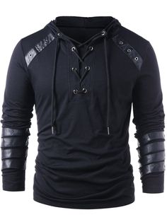 Leather Hoodie, Blouse Man, Patchwork Sweatshirt, Style Masculin, Herren Outfit, Winter Hoodies, Leather Sleeve, Knit Hoodie, Black Shirt Dress