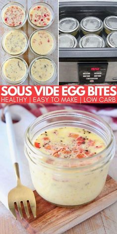 some food is in small glass bowls on a cutting board and the words sous vide egg bites healthy easy to make low carb