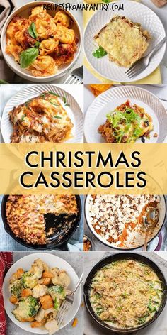 various christmas casseroles are shown in this collage with the words, christmas casserole