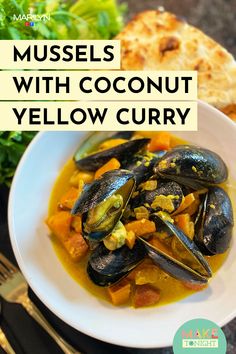 mussels with coconut yellow curry in a white bowl