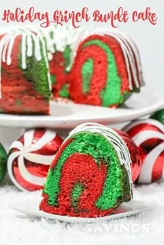 a red and green cake on a white plate