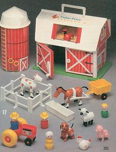 there are many farm animals and toys in this photo