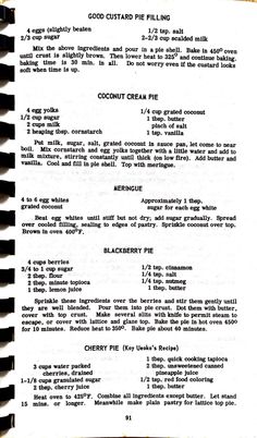 an old recipe for coconut cream pies on a piece of paper with black writing