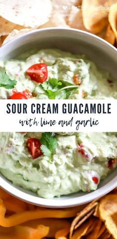 sour cream guacamole with lime and garlic in a bowl surrounded by tortilla chips