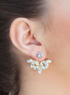 Bridal Ear Jacket Earrings, Gold Crystal Stud #jewelry #earrings @EtsyMktgTool #bridalearcuff #giftforher #earjacketearrings Elegant Gold Ear Climbers For Wedding, Elegant Wedding Ear Climbers, Gold Clip-on Ear Cuff For Wedding, Elegant Anniversary Ear Cuff With Matching Earrings, Elegant Clip-on Plug Earrings For Wedding, Elegant Wedding Clip-on Plug Earrings, Ear Jacket Earring Gold, Silver Crystal Earrings, Jacket Earrings