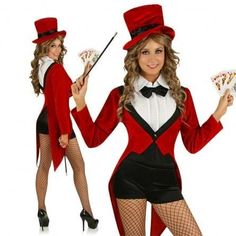 a woman dressed in a red suit and top hat holding cards while standing next to another woman