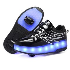 a pair of black shoes with blue lights on the bottom and one light up shoelace