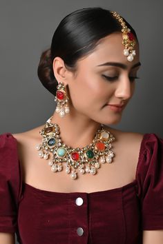 Navratan Kundan Polki Necklace Set, Gold Plated Polki Necklace, Indian Polki Earrings, Pearl Necklace, Sabyasachi Jewelry, Maang Tikka Set The Kundan necklace set is an epode to the rich culture of India that bring together a blend of techniques. This pretty necklace is sure to take your wedding dressing game a notch higher with much ease. This stunner of a necklace set is meant for royalty and is sure to fetch you compliments in plenty. * Necklace Length: choker (comes with adjustable Dori) * Earrings Length: 2.5 inches approx * Material: Brass and stone * Package: Necklace, Earring, and Maangtikka STYLE TIP: This lovely set is made for a modern-day woman who has her heart in the little details of her traditional heritage. A perfect match for a bride who is looking for a little whimsical Navratan Necklace, Kundan Polki Necklace, Maang Tikka Set, Wedding Dressing, Sabyasachi Jewelry, Sabyasachi Jewellery, Polki Earrings, Kundan Set, Polki Necklace