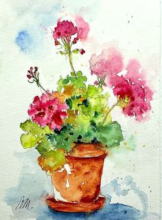 a watercolor painting of flowers in a pot