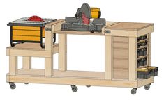 a workbench with tools on the top and drawers below it, as well as an open tool box